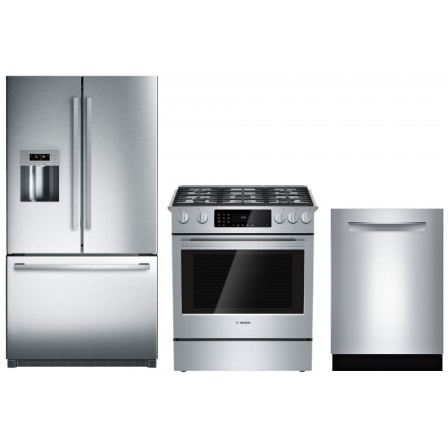Bosch HDI8054U 30 in. Dual Fuel Slide-in Range, B26FT80SNS 25.5 cu. ft. French Door Refrigerator, SHP53TL5UC 24 In. Fully Integrated Built-in Dishwasher in Stainless Steel